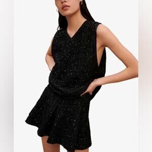 MAJE V-Neck Tweed Sequin Tank Top S (1)‎ Black